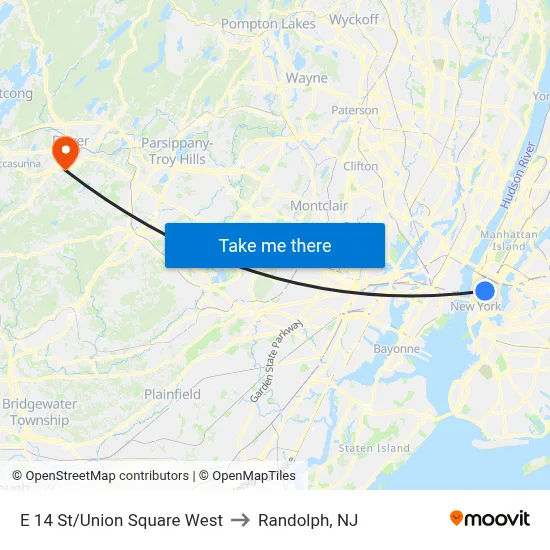 E 14 St/Union Square West to Randolph, NJ map