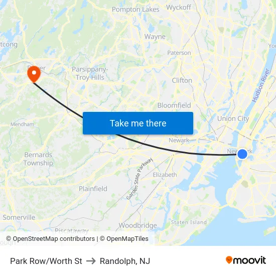Park Row/Worth St to Randolph, NJ map