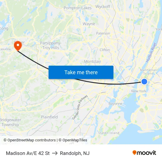 Madison Av/E 42 St to Randolph, NJ map
