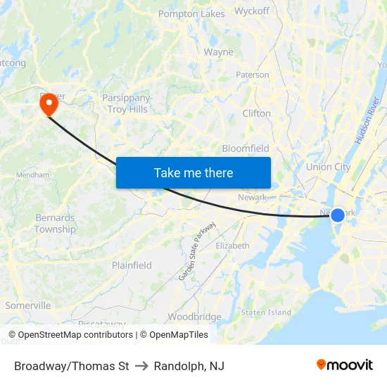 Broadway/Thomas St to Randolph, NJ map