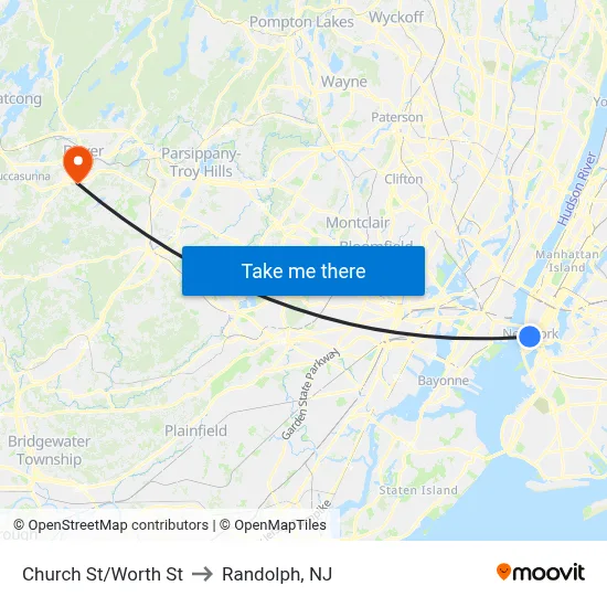 Church St/Worth St to Randolph, NJ map