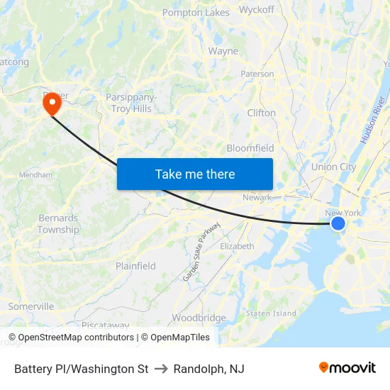 Battery Pl/Washington St to Randolph, NJ map