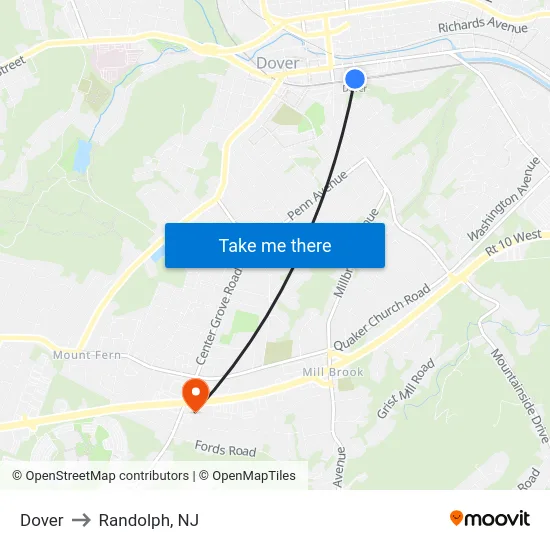 Dover to Randolph, NJ map