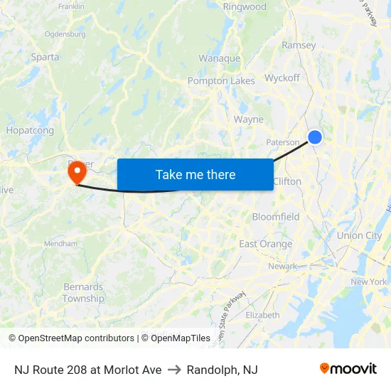 NJ Route 208 at Morlot Ave to Randolph, NJ map