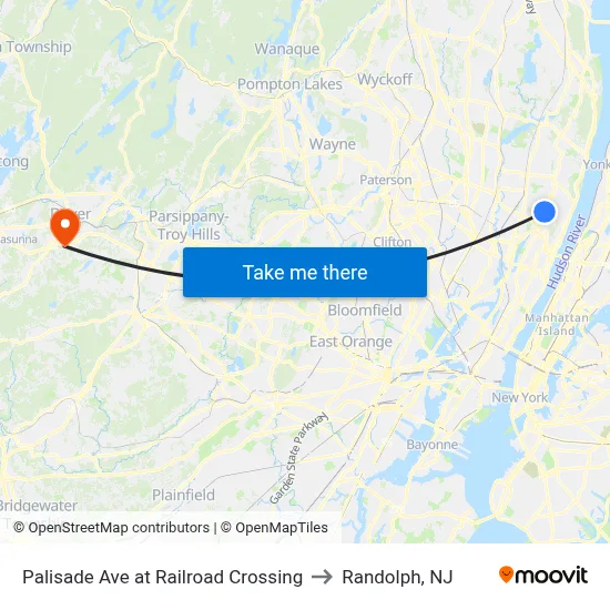 Palisade Ave at Railroad Crossing to Randolph, NJ map