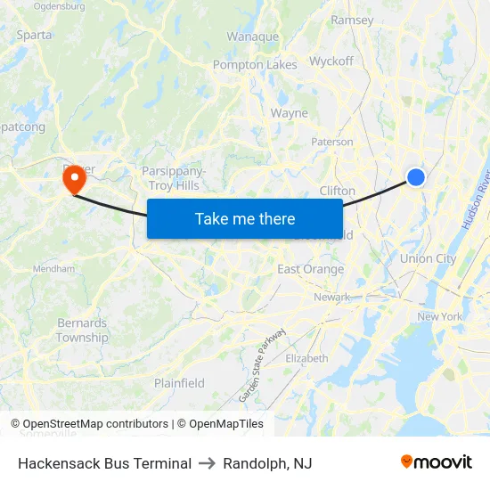 Hackensack Bus Terminal to Randolph, NJ map