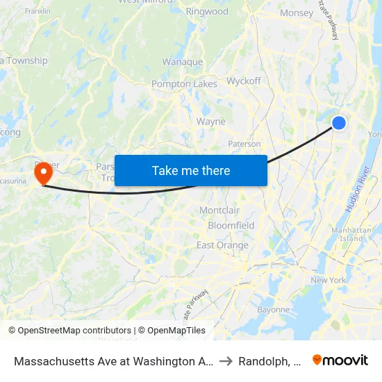 Massachusetts Ave at Washington Ave to Randolph, NJ map