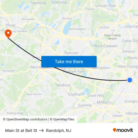 Main St at Bell St to Randolph, NJ map