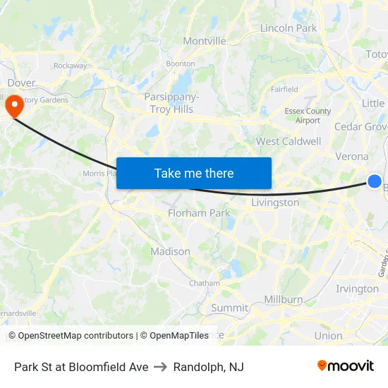 Park St at Bloomfield Ave to Randolph, NJ map