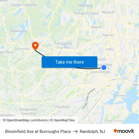 Bloomfield Ave at Burroughs Place to Randolph, NJ map