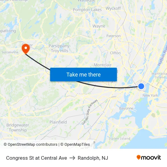 Congress St at Central Ave to Randolph, NJ map