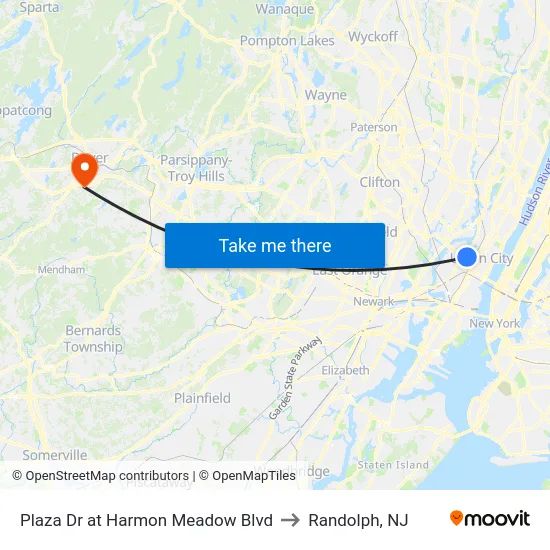 Plaza Dr at Harmon Meadow Blvd to Randolph, NJ map