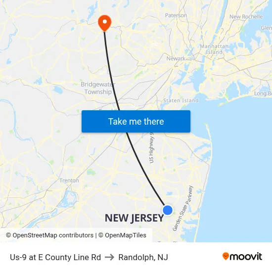 Us-9 at E County Line Rd to Randolph, NJ map