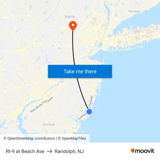 Rt-9 at Beach Ave to Randolph, NJ map