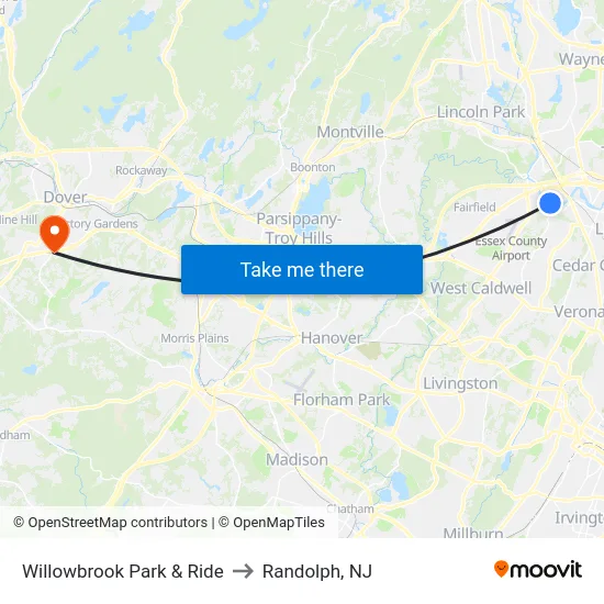Willowbrook Park & Ride to Randolph, NJ map