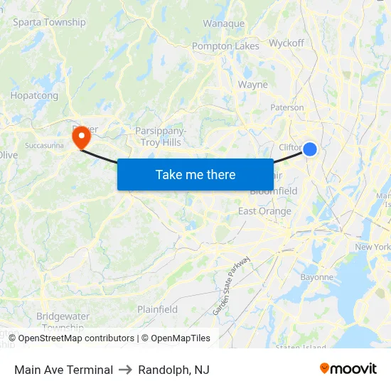 Main Ave Terminal to Randolph, NJ map