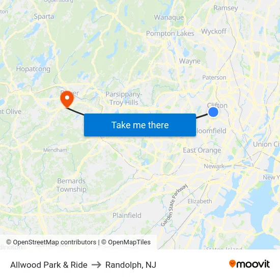 Allwood Park & Ride to Randolph, NJ map