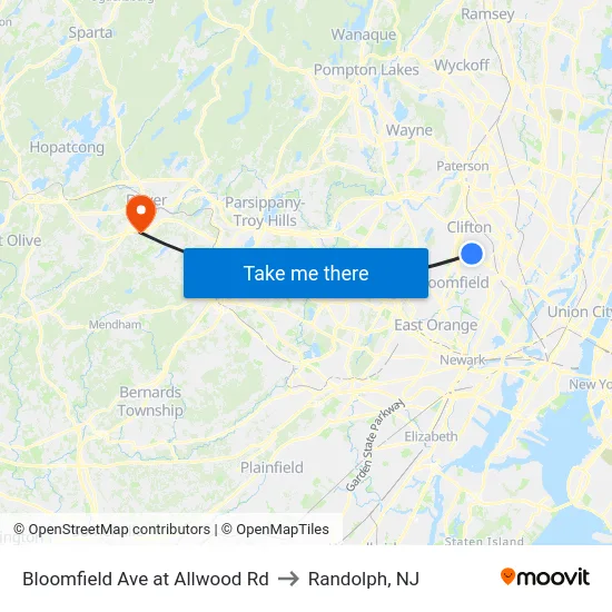 Bloomfield Ave at Allwood Rd to Randolph, NJ map