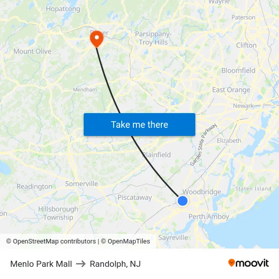 Menlo Park Mall to Randolph, NJ map