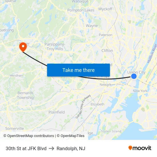 30th St at JFK Blvd to Randolph, NJ map