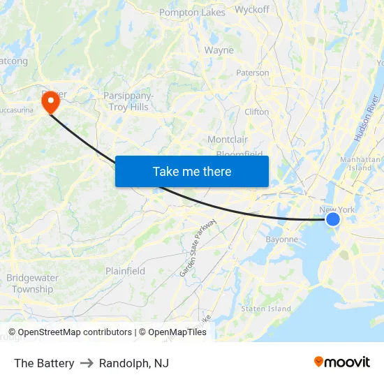 The Battery to Randolph, NJ map