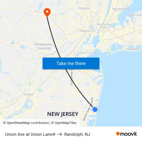 Union Ave at Union Lane# to Randolph, NJ map
