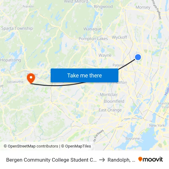 Bergen Community College Student Center to Randolph, NJ map