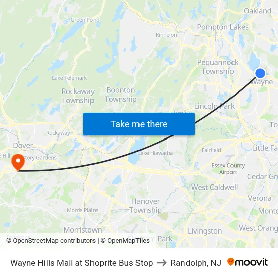 Wayne Hills Mall at Shoprite Bus Stop to Randolph, NJ map