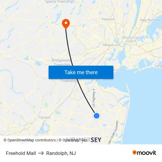 Freehold Mall to Randolph, NJ map