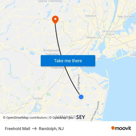 Freehold Mall to Randolph, NJ map