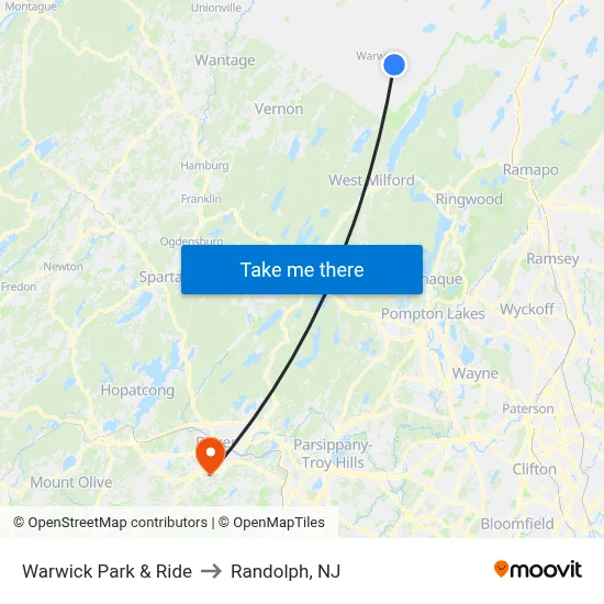 Warwick Park & Ride to Randolph, NJ map
