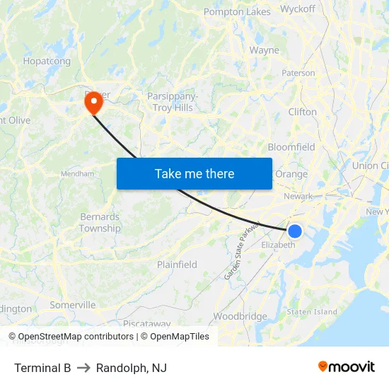 Terminal B to Randolph, NJ map