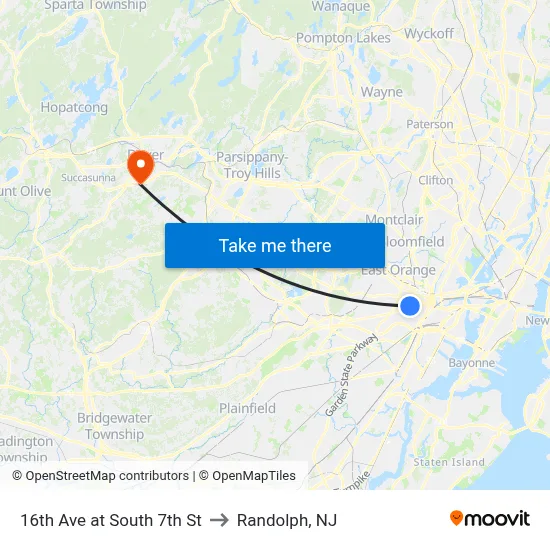 16th Ave at South 7th St to Randolph, NJ map