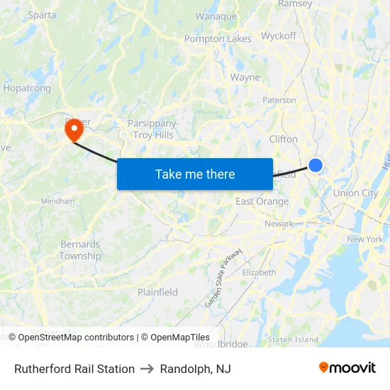 Rutherford Rail Station to Randolph, NJ map