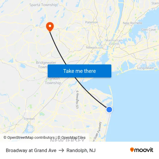 Broadway at Grand Ave to Randolph, NJ map