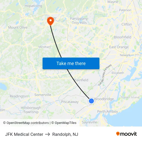 JFK Medical Center to Randolph, NJ map