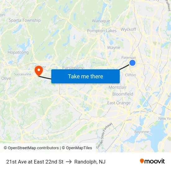 21st Ave at East 22nd St to Randolph, NJ map