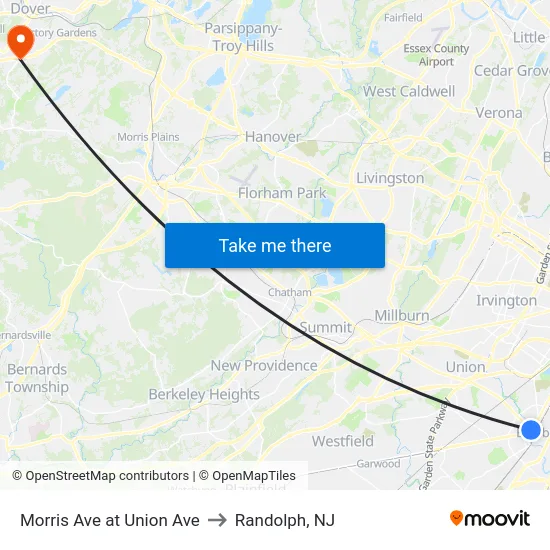 Morris Ave at Union Ave to Randolph, NJ map