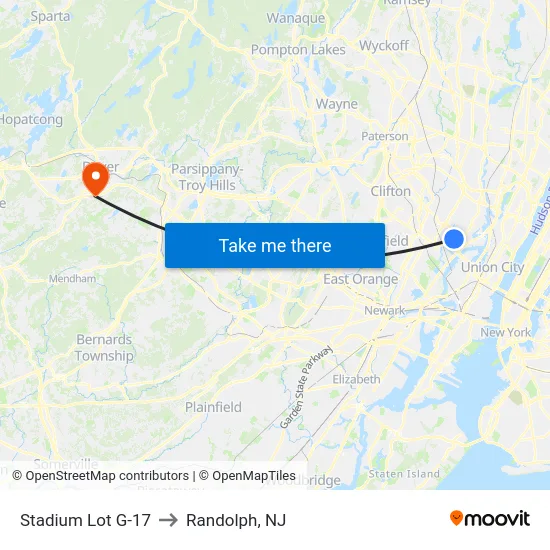 Stadium Lot G-17 to Randolph, NJ map