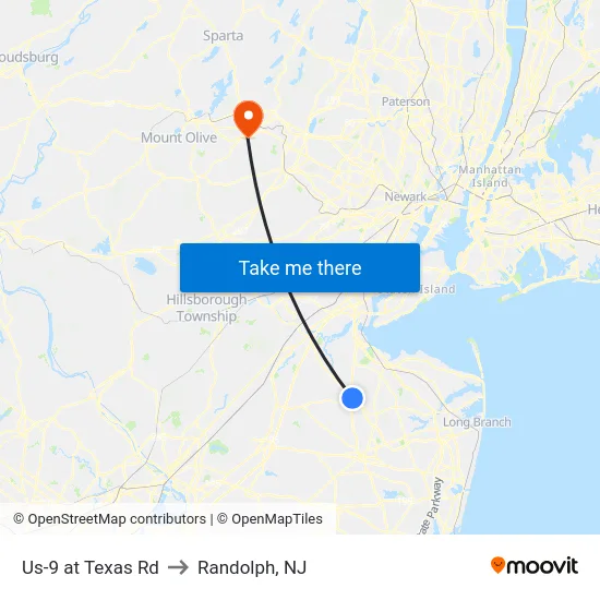 Us-9 at Texas Rd to Randolph, NJ map