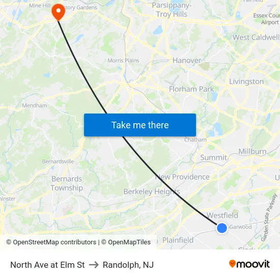 North Ave at Elm St to Randolph, NJ map
