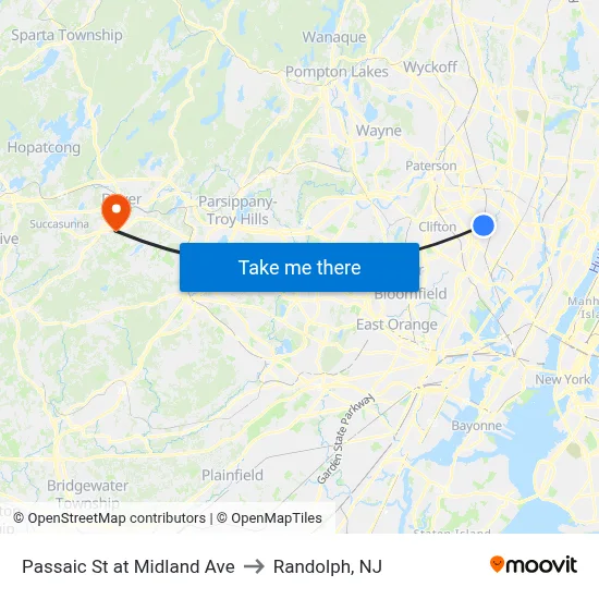 Passaic St at Midland Ave to Randolph, NJ map
