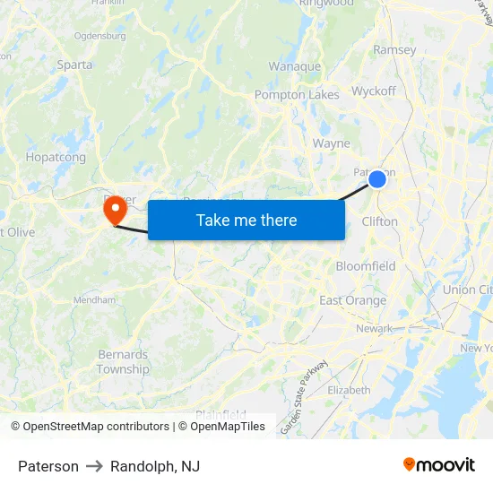 Paterson to Randolph, NJ map