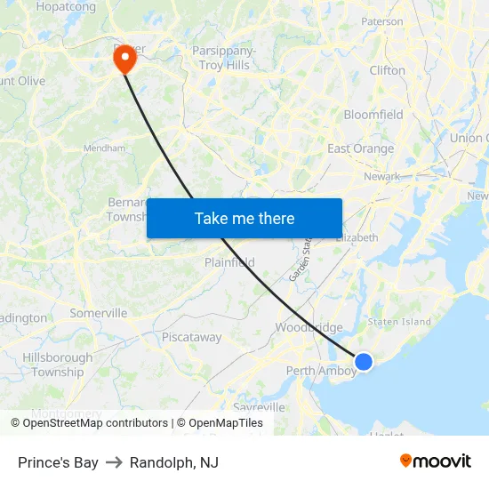 Prince's Bay to Randolph, NJ map