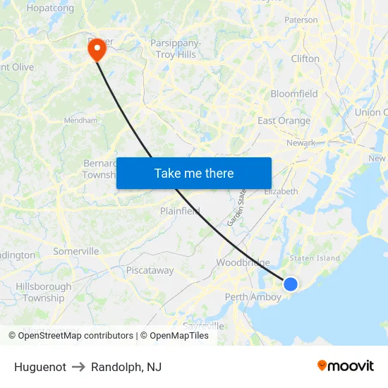 Huguenot to Randolph, NJ map