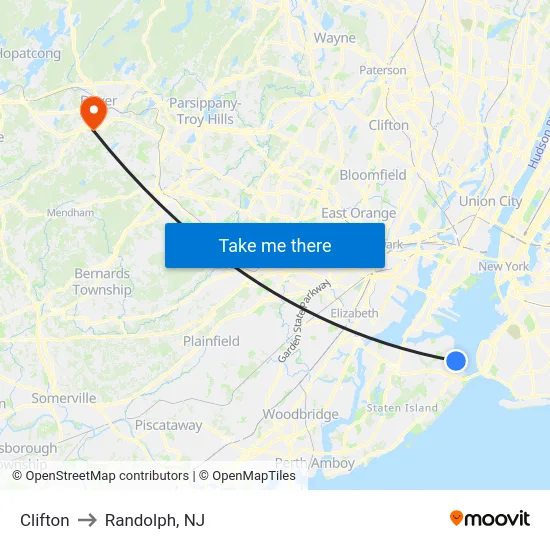 Clifton to Randolph, NJ map