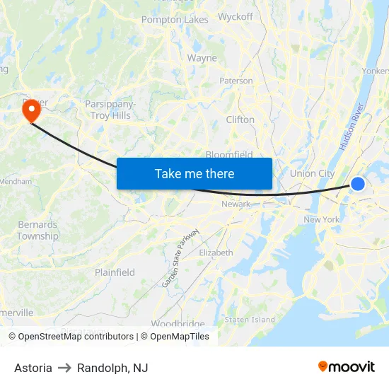 Astoria to Randolph, NJ map