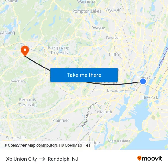 Xb Union City to Randolph, NJ map