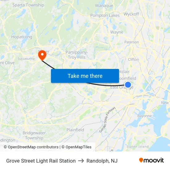Grove Street Light Rail Station to Randolph, NJ map