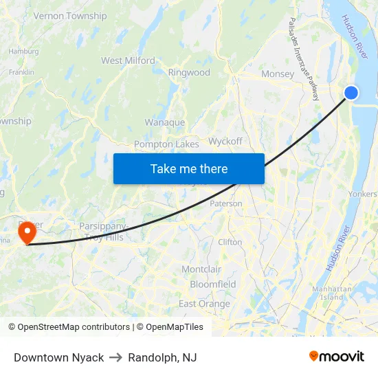 Downtown Nyack to Randolph, NJ map